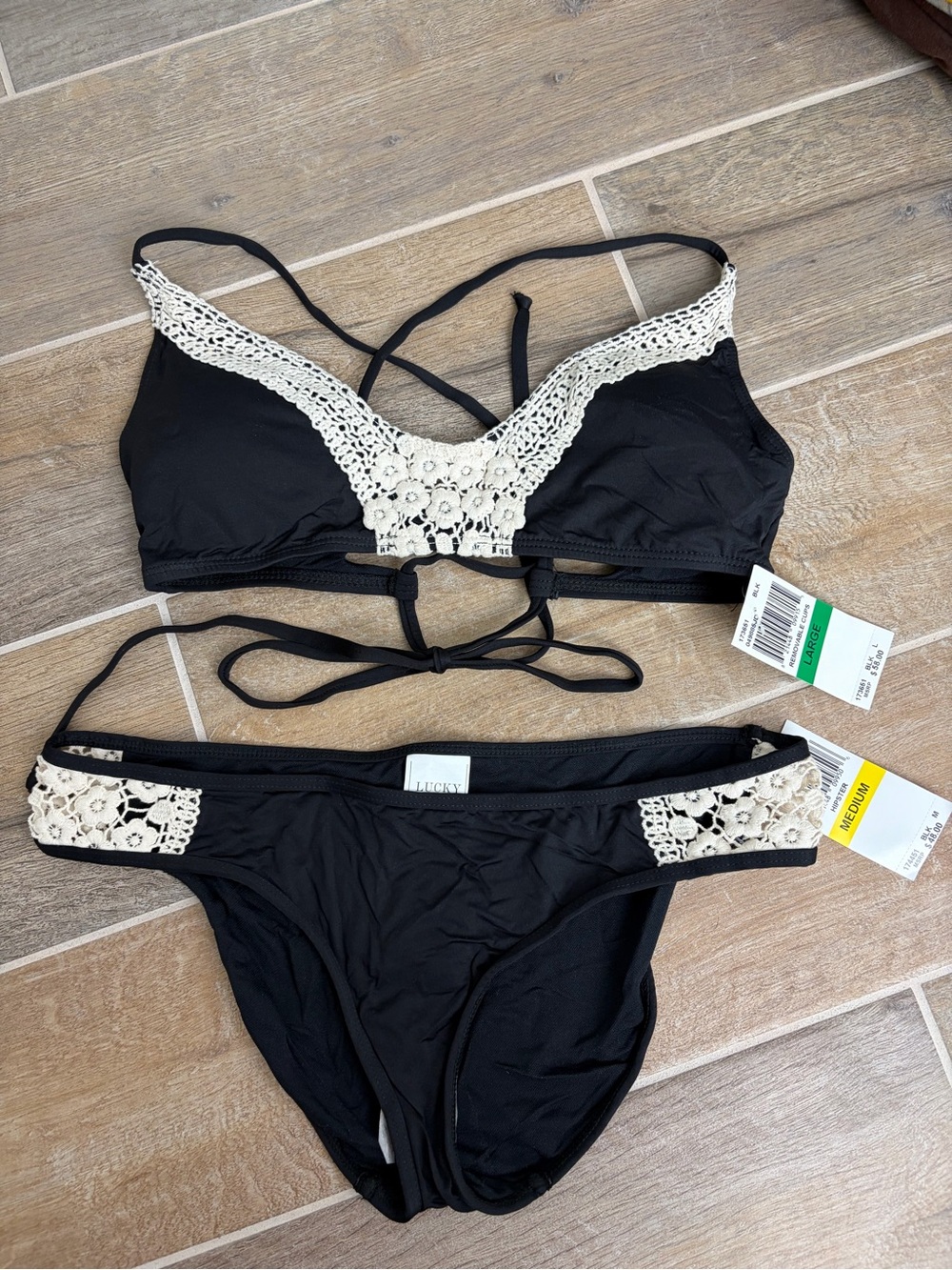 Lucky Brand Black Bikini with Cream Crochet Trim